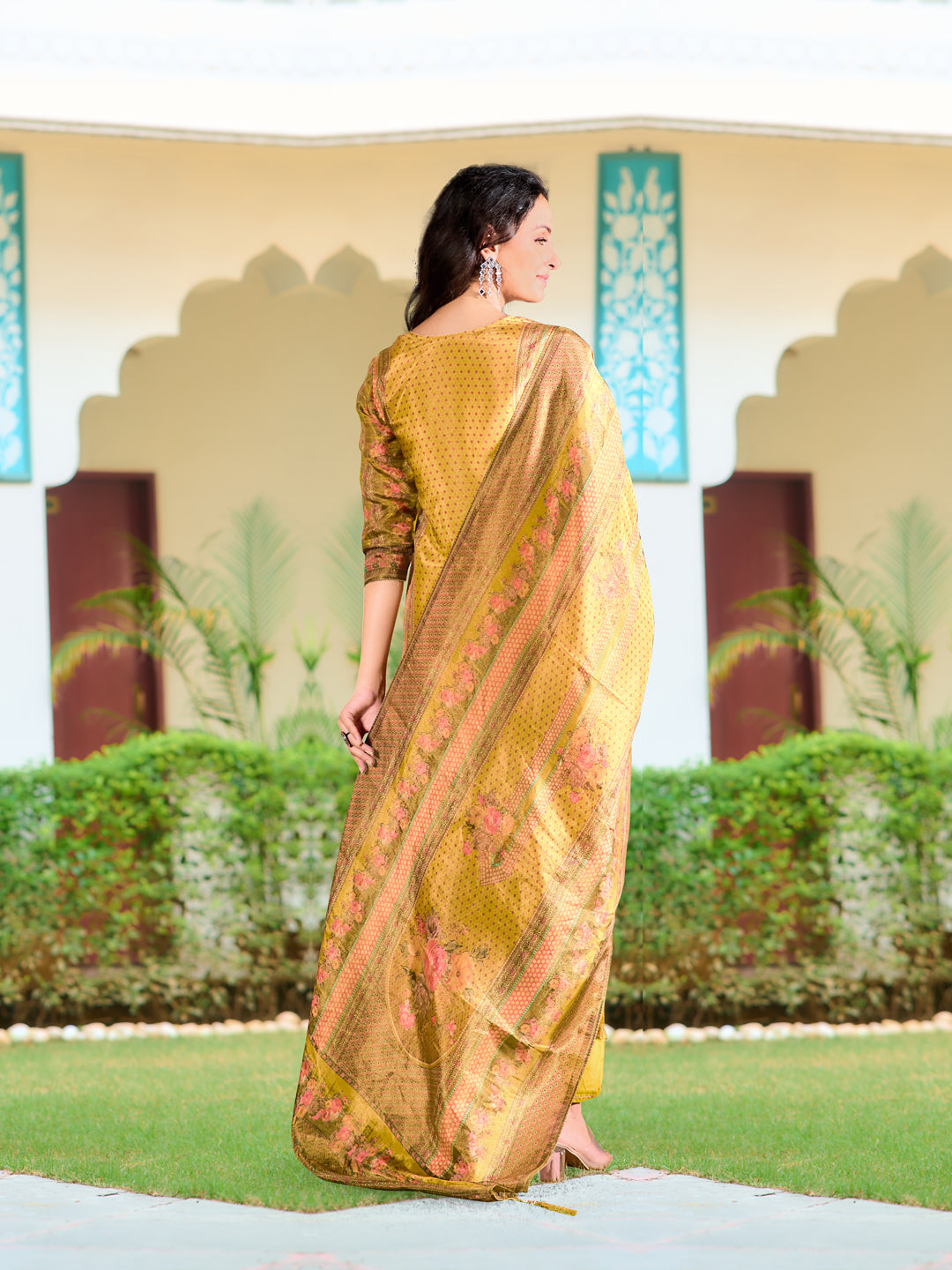 Hand Embroidered & Printed Pure Silk Kurta With Pant & Printed Dupatta, Yellow - Hiral Fashion - Distacart