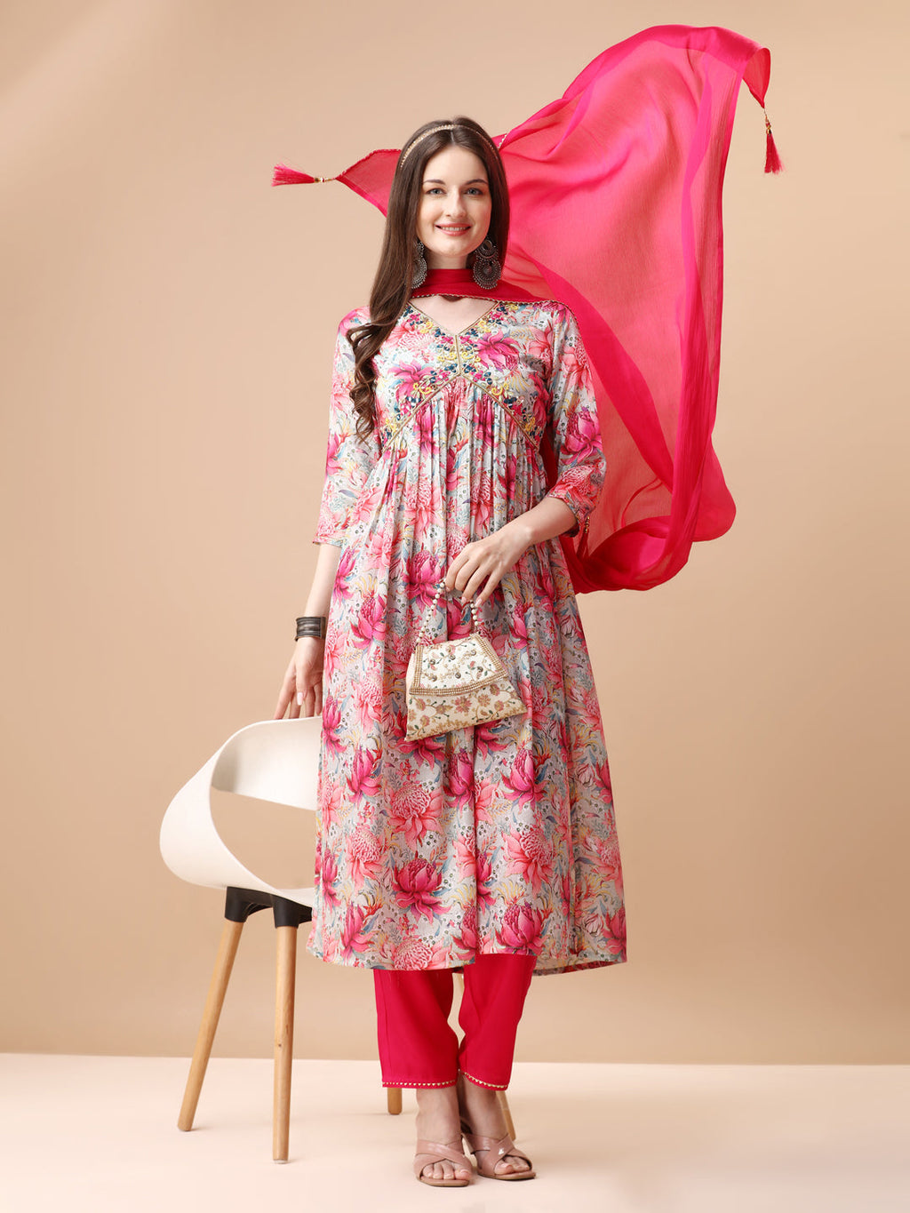 Alia Cut Hand Embroidered Floral Printed Pure Chinon Kurta With Pant & Dupatta, Multicolor - Hiral Fashion - Distacart