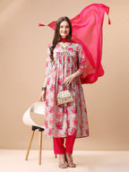 Alia Cut Hand Embroidered Floral Printed Pure Chinon Kurta With Pant & Dupatta, Multicolor - Hiral Fashion - Distacart