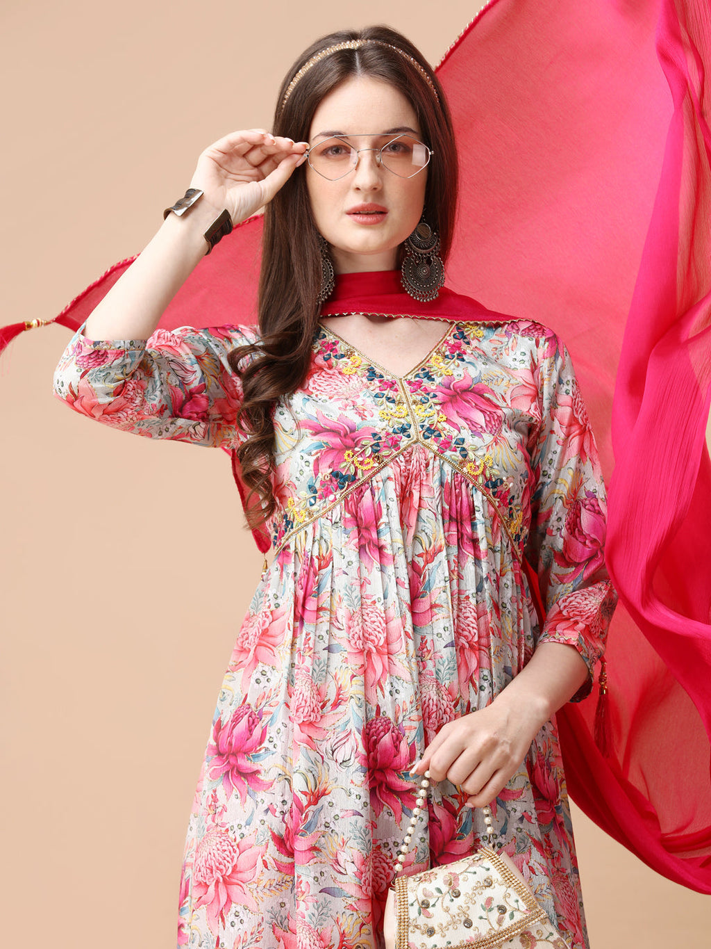 Alia Cut Hand Embroidered Floral Printed Pure Chinon Kurta With Pant & Dupatta, Multicolor - Hiral Fashion - Distacart