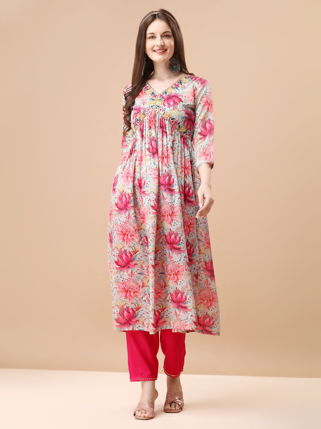 Alia Cut Hand Embroidered Floral Printed Pure Chinon Kurta With Pant & Dupatta, Multicolor - Hiral Fashion - Distacart