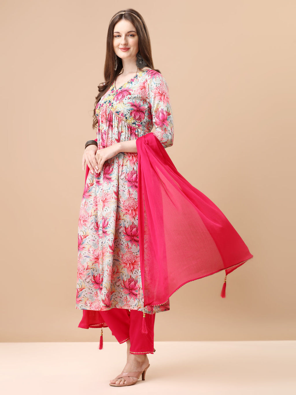 Alia Cut Hand Embroidered Floral Printed Pure Chinon Kurta With Pant & Dupatta, Multicolor - Hiral Fashion - Distacart