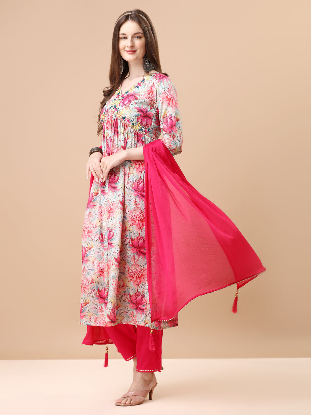 Alia Cut Hand Embroidered Floral Printed Pure Chinon Kurta With Pant & Dupatta, Multicolor - Hiral Fashion - Distacart