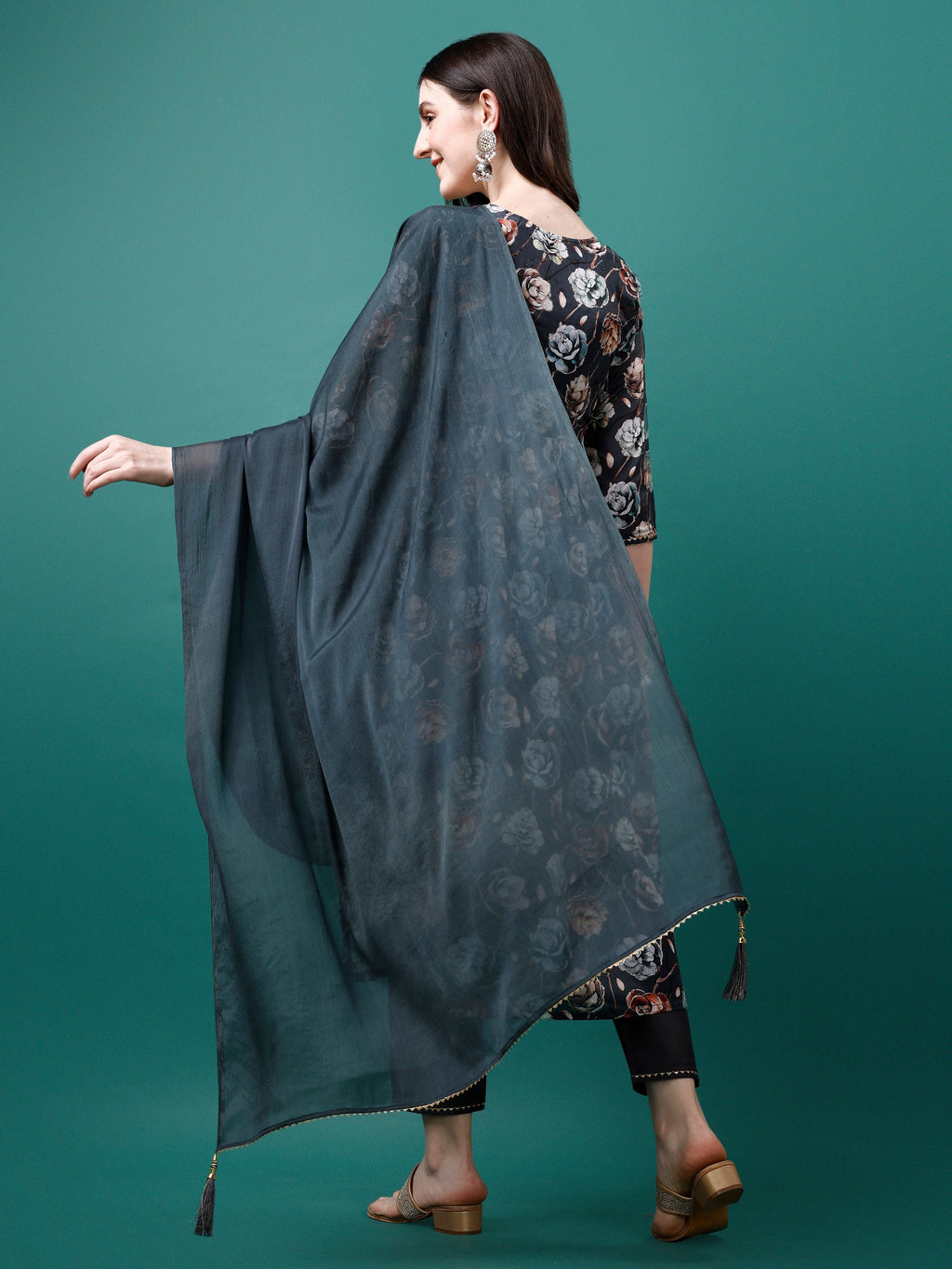 Alia Cut Hand Embroidered Floral Printed Pure Chinon Kurta With Pant & Dupatta, Multicolor - Hiral Fashion - Distacart