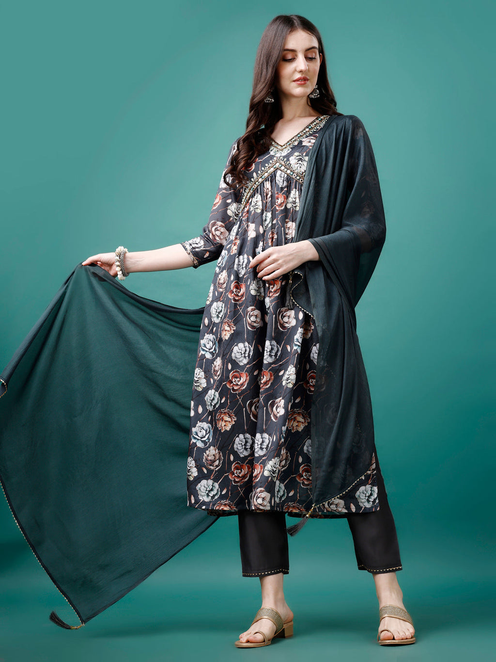 Alia Cut Hand Embroidered Floral Printed Pure Chinon Kurta With Pant & Dupatta, Multicolor - Hiral Fashion - Distacart