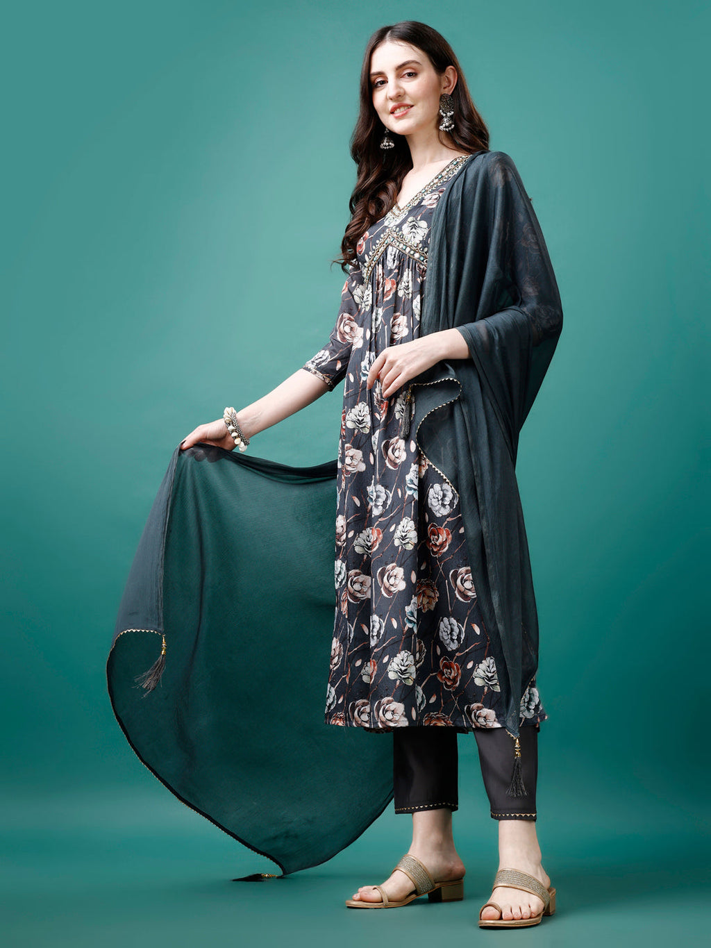 Alia Cut Hand Embroidered Floral Printed Pure Chinon Kurta With Pant & Dupatta, Multicolor - Hiral Fashion - Distacart