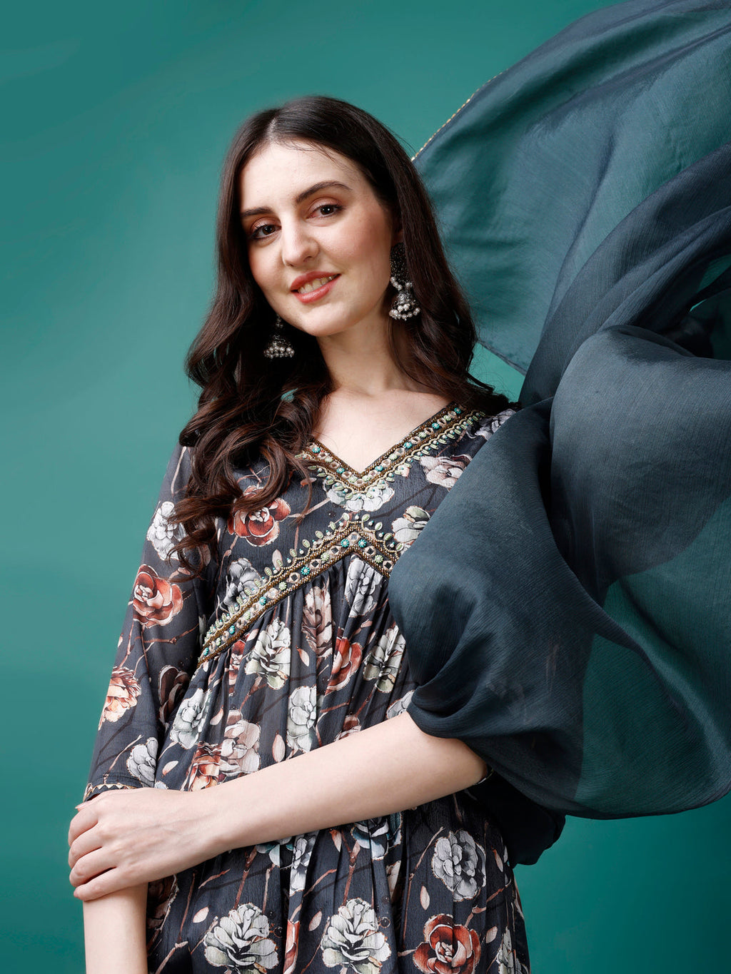 Alia Cut Hand Embroidered Floral Printed Pure Chinon Kurta With Pant & Dupatta, Multicolor - Hiral Fashion - Distacart