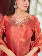 Hand Embroidered & Printed Pure Silk Kurta With Pant & Printed Dupatta, Rust - Hiral Fashion