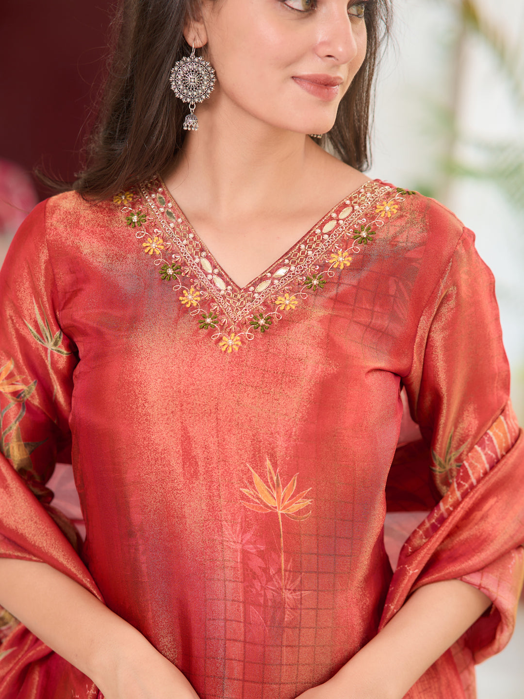 Hand Embroidered & Printed Pure Silk Kurta With Pant & Printed Dupatta, Rust - Hiral Fashion