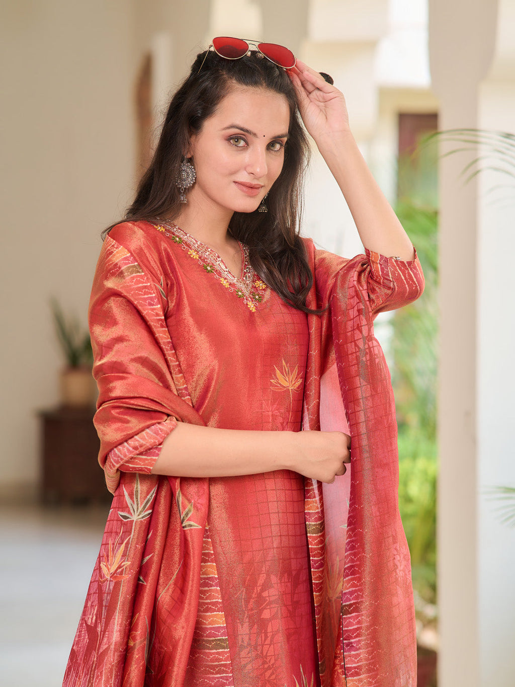 Hand Embroidered & Printed Pure Silk Kurta With Pant & Printed Dupatta, Rust - Hiral Fashion