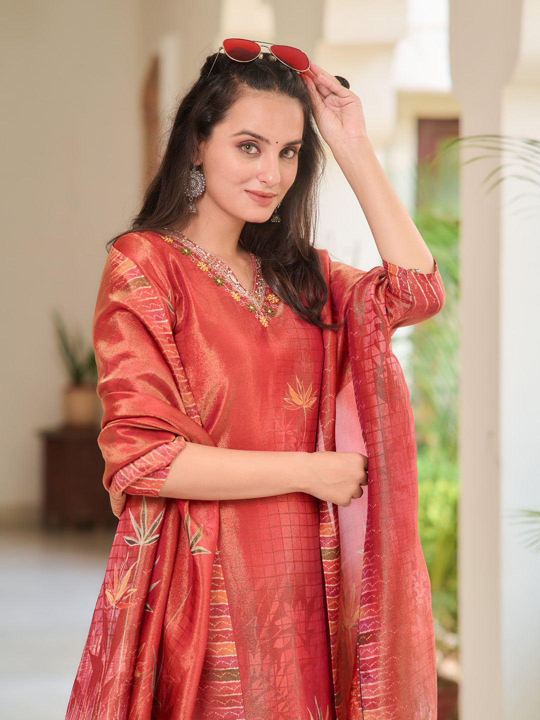 Hand Embroidered & Printed Pure Silk Kurta With Pant & Printed Dupatta, Rust - Hiral Fashion