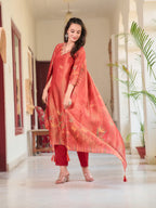 Hand Embroidered & Printed Pure Silk Kurta With Pant & Printed Dupatta, Rust - Hiral Fashion