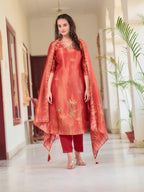Hand Embroidered & Printed Pure Silk Kurta With Pant & Printed Dupatta, Rust - Hiral Fashion