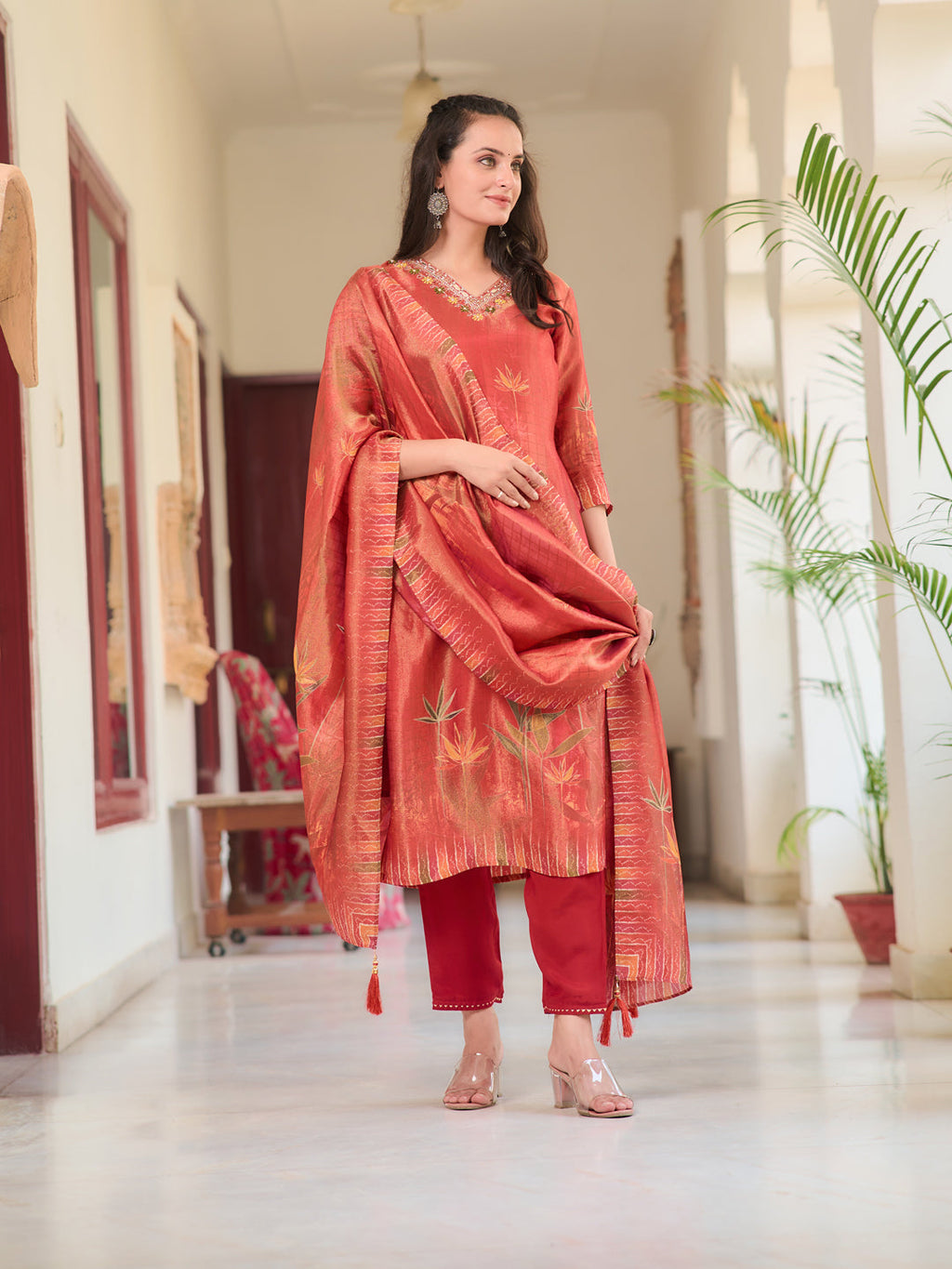 Hand Embroidered & Printed Pure Silk Kurta With Pant & Printed Dupatta, Rust - Hiral Fashion