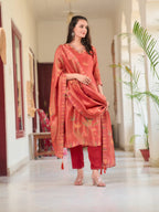 Hand Embroidered & Printed Pure Silk Kurta With Pant & Printed Dupatta, Rust - Hiral Fashion