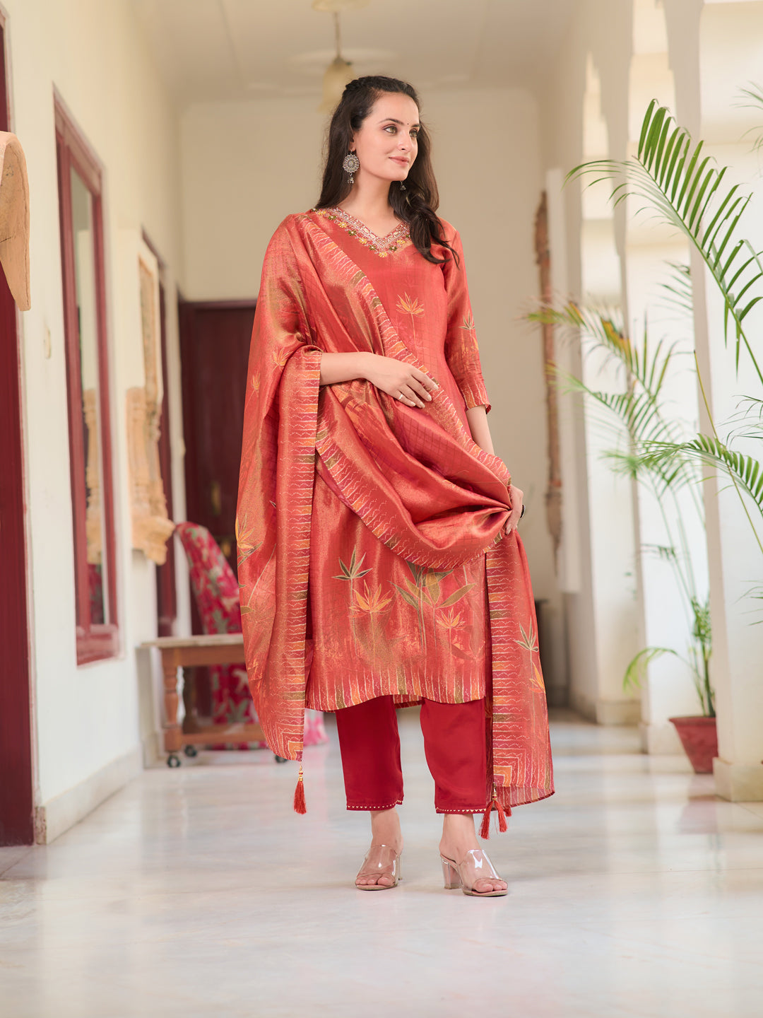 Hand Embroidered & Printed Pure Silk Kurta With Pant & Printed Dupatta, Rust - Hiral Fashion