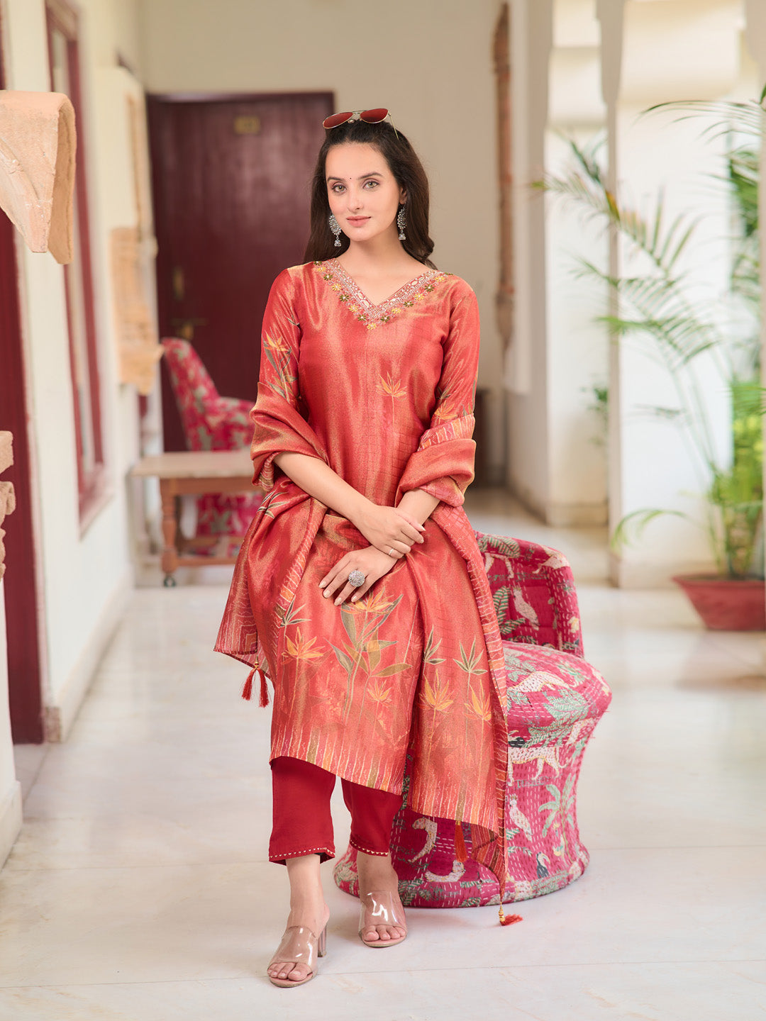 Hand Embroidered & Printed Pure Silk Kurta With Pant & Printed Dupatta, Rust - Hiral Fashion