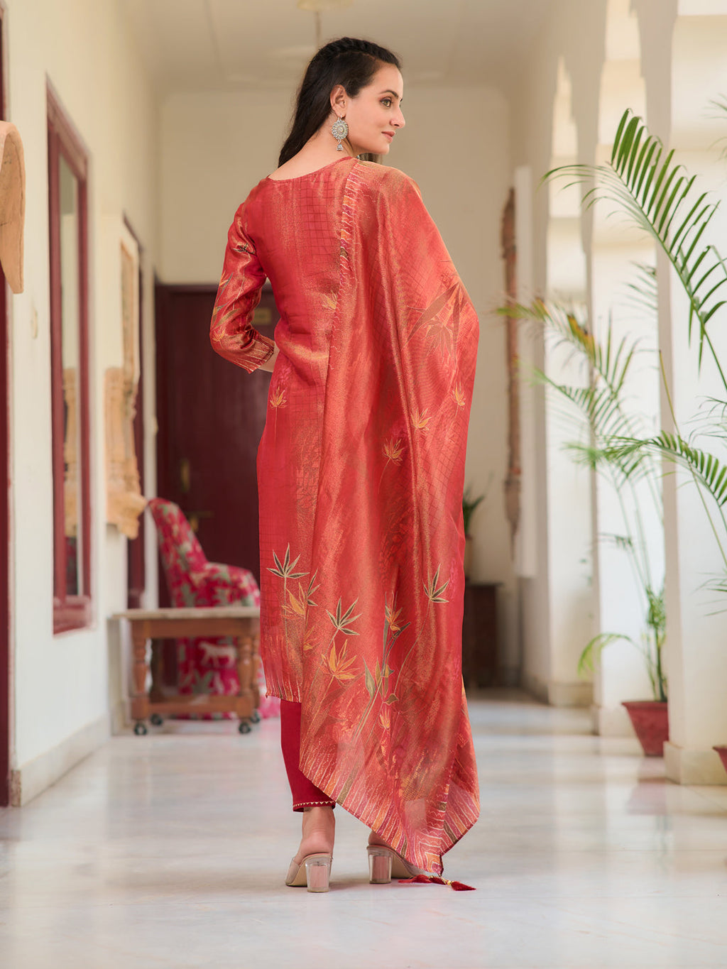 Hand Embroidered & Printed Pure Silk Kurta With Pant & Printed Dupatta, Rust - Hiral Fashion