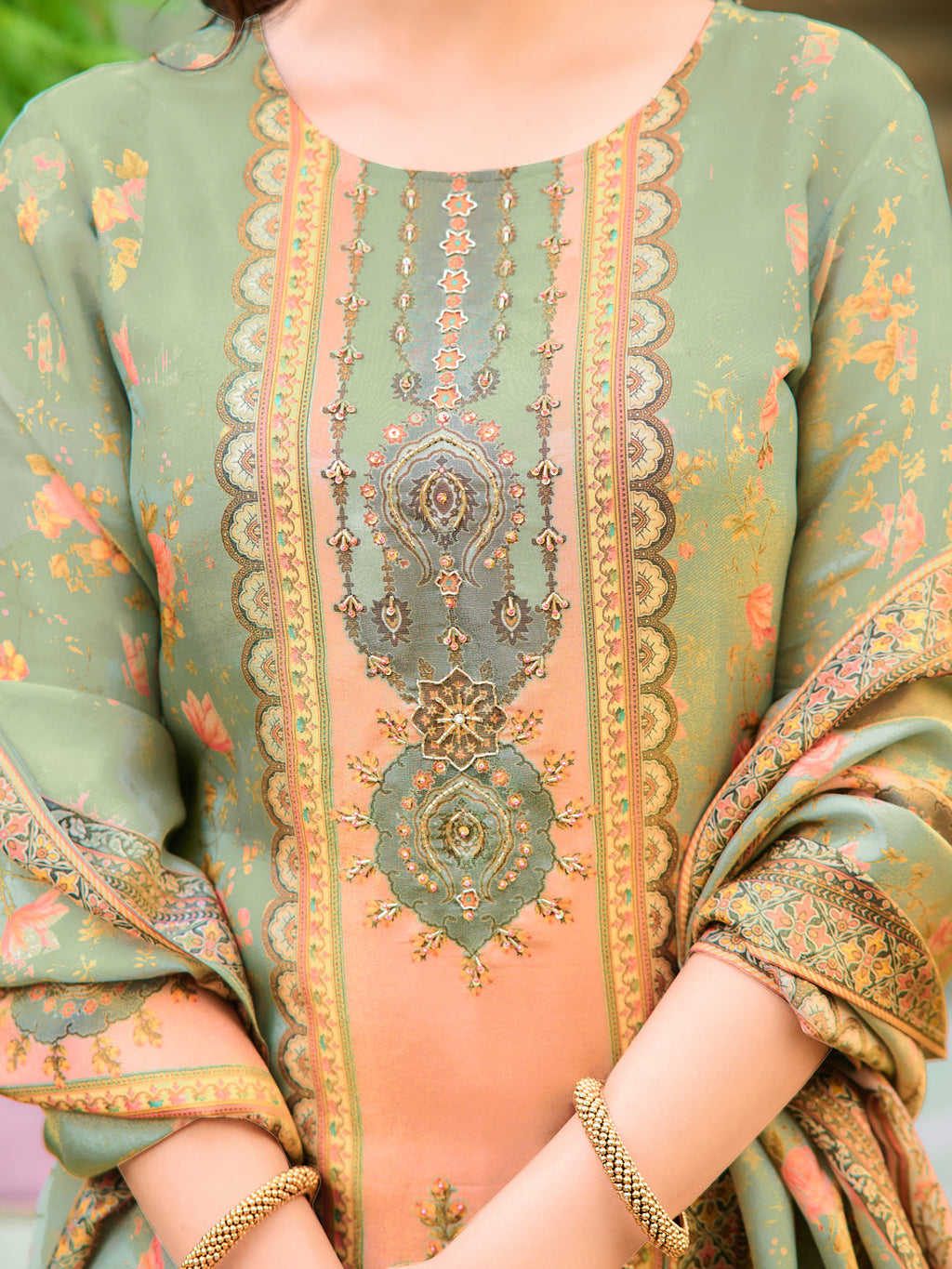 Hand Embroidered & Printed Pure Silk Kurta With Pant & Printed Dupatta, Green - Hiral Fashion - Distacart