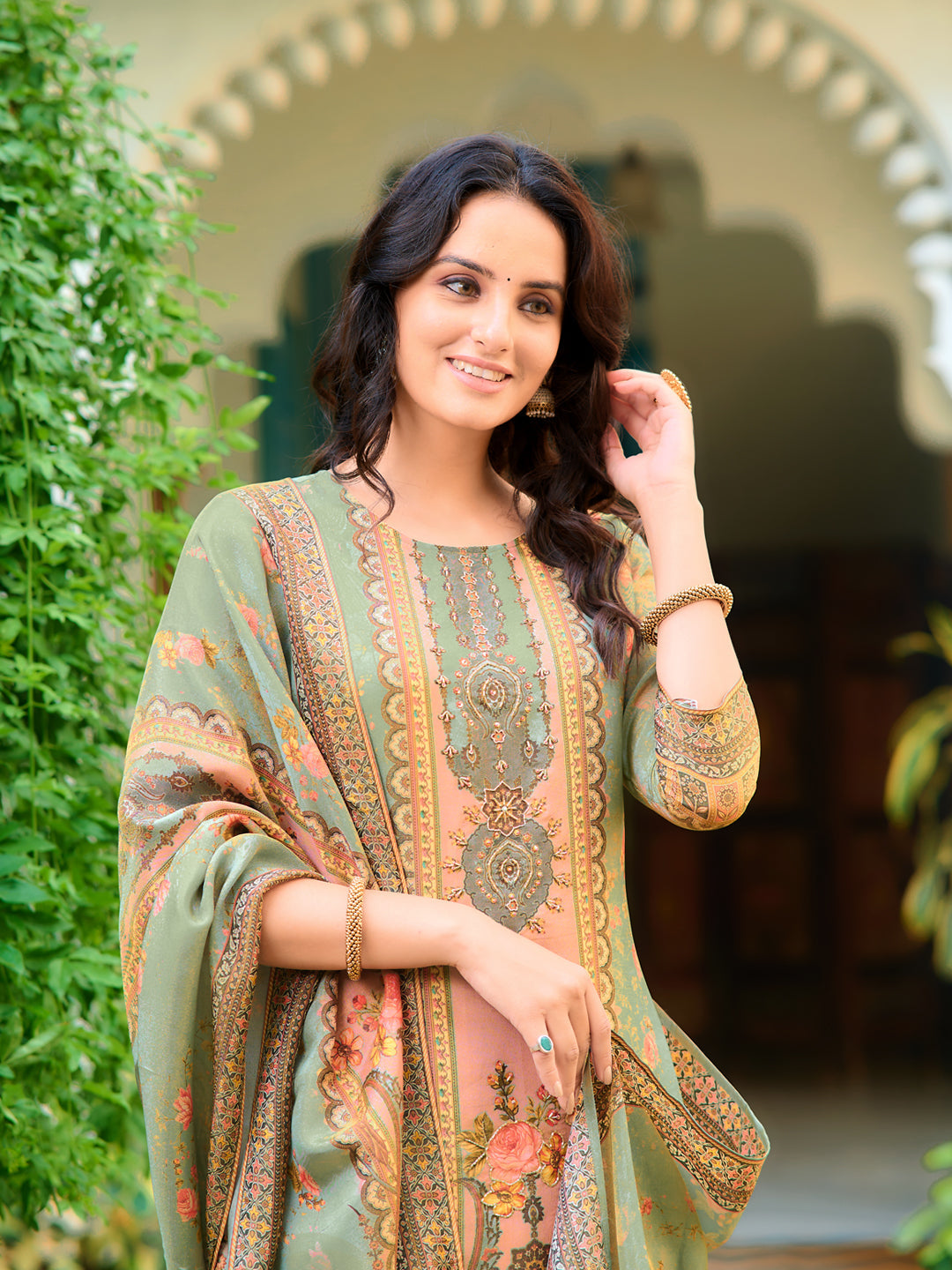 Hand Embroidered & Printed Pure Silk Kurta With Pant & Printed Dupatta, Green - Hiral Fashion - Distacart