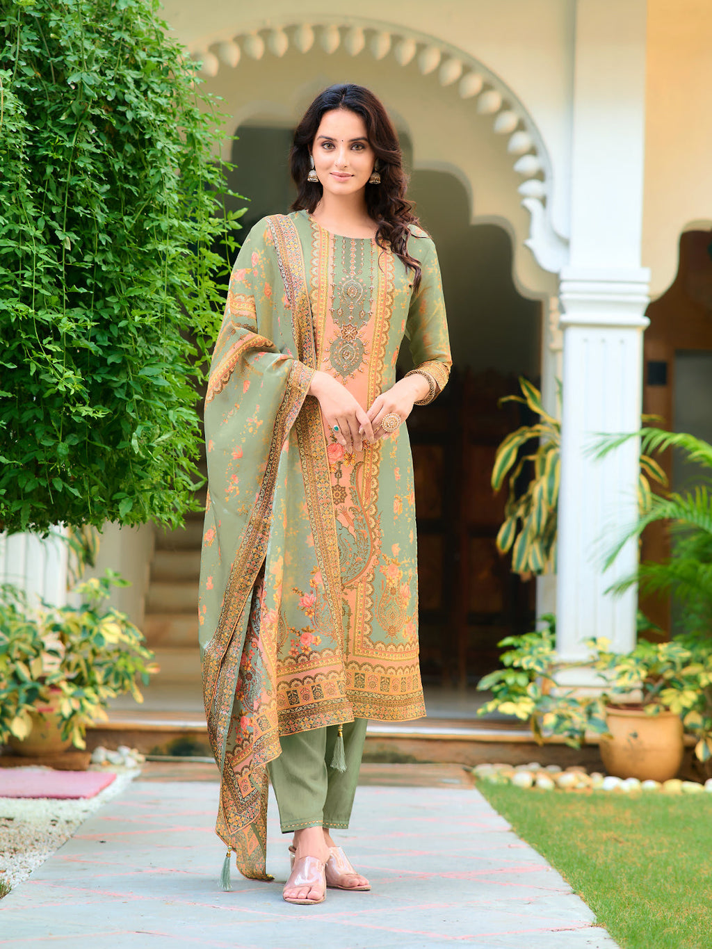Hand Embroidered & Printed Pure Silk Kurta With Pant & Printed Dupatta, Green - Hiral Fashion - Distacart