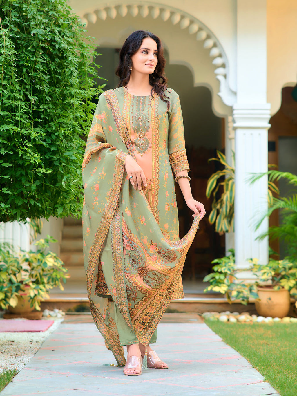 Hand Embroidered & Printed Pure Silk Kurta With Pant & Printed Dupatta, Green - Hiral Fashion - Distacart