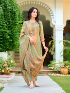 Hand Embroidered & Printed Pure Silk Kurta With Pant & Printed Dupatta, Green - Hiral Fashion - Distacart