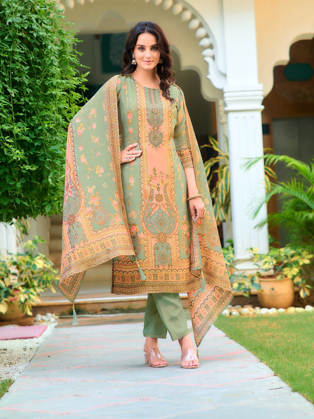 Hand Embroidered & Printed Pure Silk Kurta With Pant & Printed Dupatta, Green - Hiral Fashion - Distacart