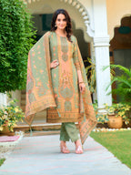 Hand Embroidered & Printed Pure Silk Kurta With Pant & Printed Dupatta, Green - Hiral Fashion - Distacart