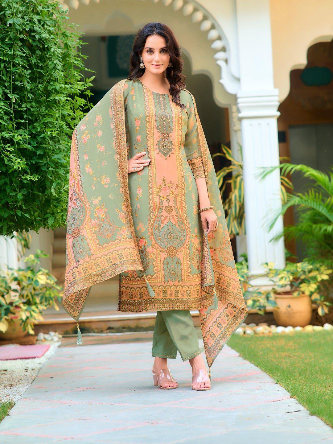 Hand Embroidered & Printed Pure Silk Kurta With Pant & Printed Dupatta, Green - Hiral Fashion - Distacart