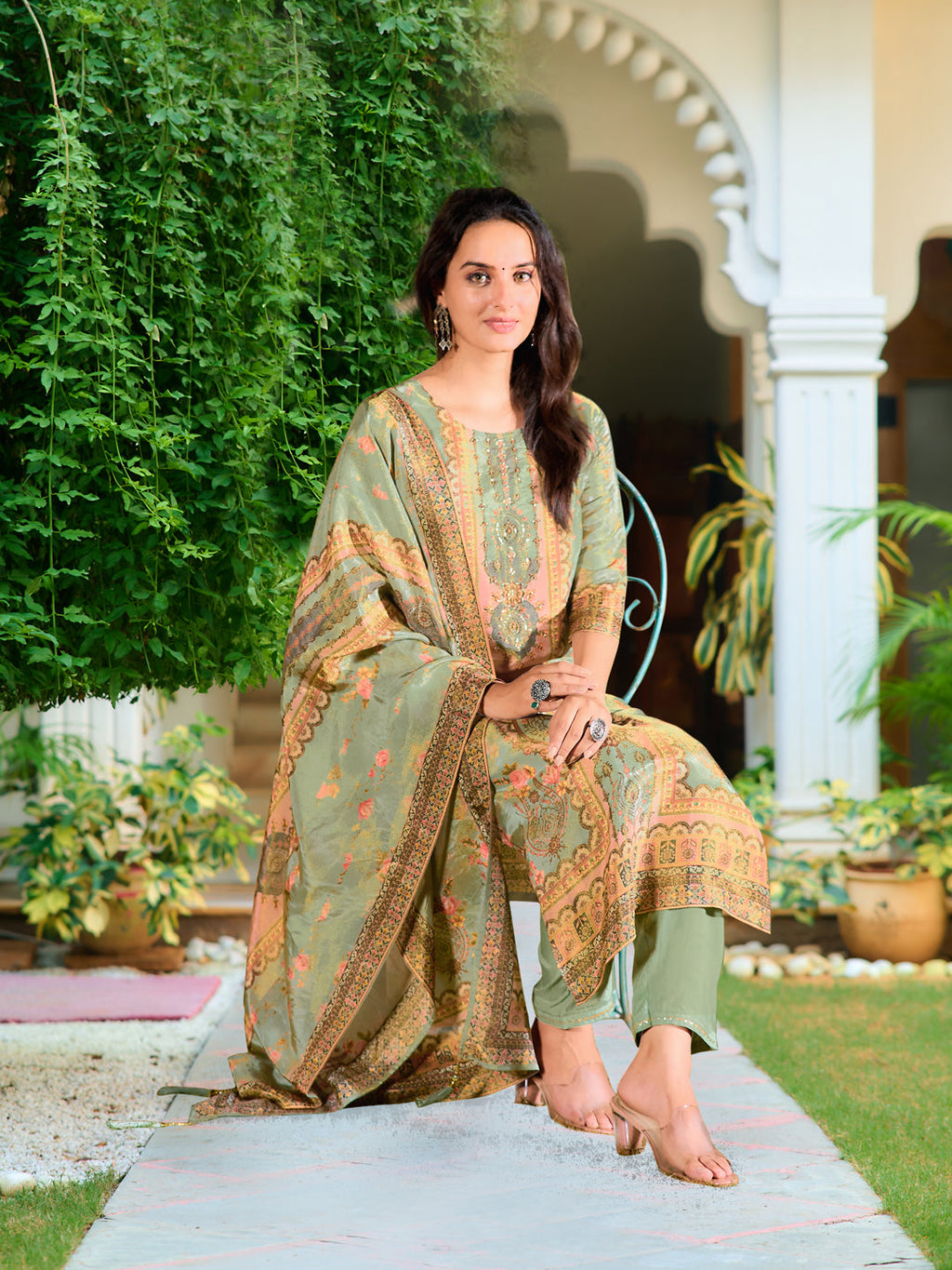 Hand Embroidered & Printed Pure Silk Kurta With Pant & Printed Dupatta, Green - Hiral Fashion - Distacart