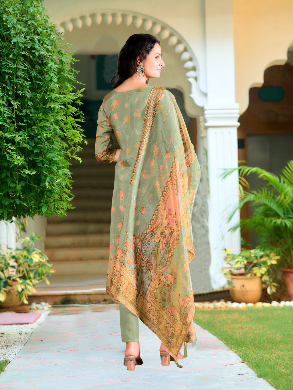 Hand Embroidered & Printed Pure Silk Kurta With Pant & Printed Dupatta, Green - Hiral Fashion - Distacart