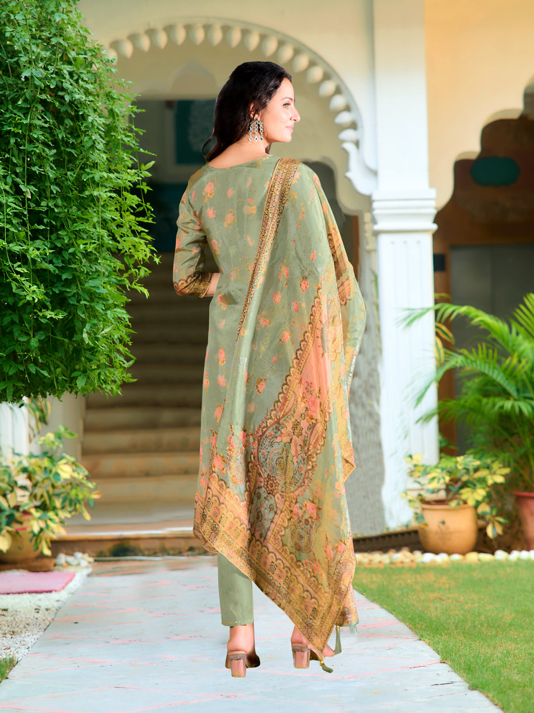 Hand Embroidered & Printed Pure Silk Kurta With Pant & Printed Dupatta, Green - Hiral Fashion - Distacart