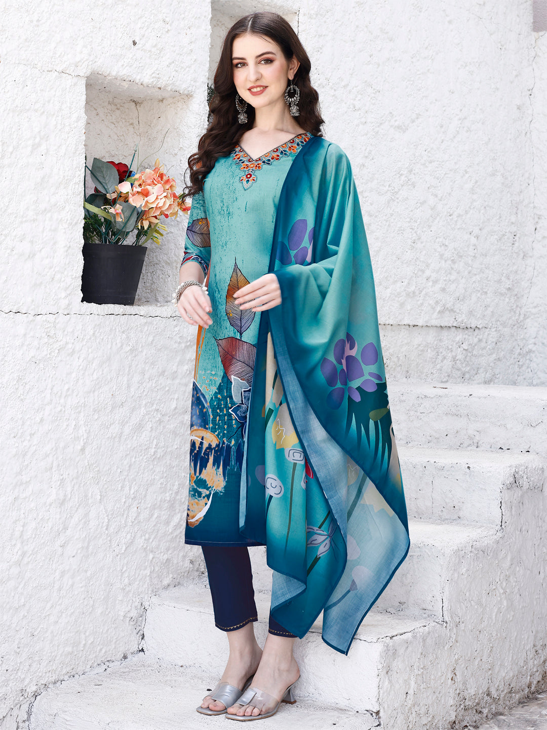 Embroidered & Floral Printed Kurta With Pant & Printed Dupatta Premium Luxury, Multicolor - Hiral Fashion - Distacart