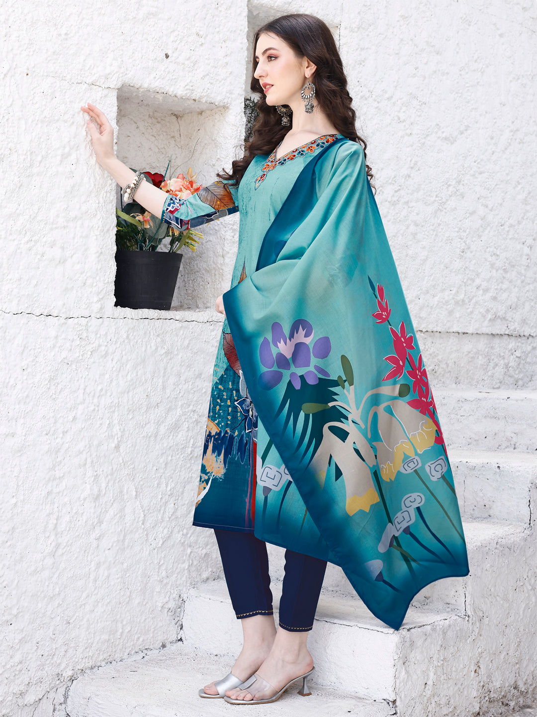 Embroidered & Floral Printed Kurta With Pant & Printed Dupatta Premium Luxury, Multicolor - Hiral Fashion - Distacart