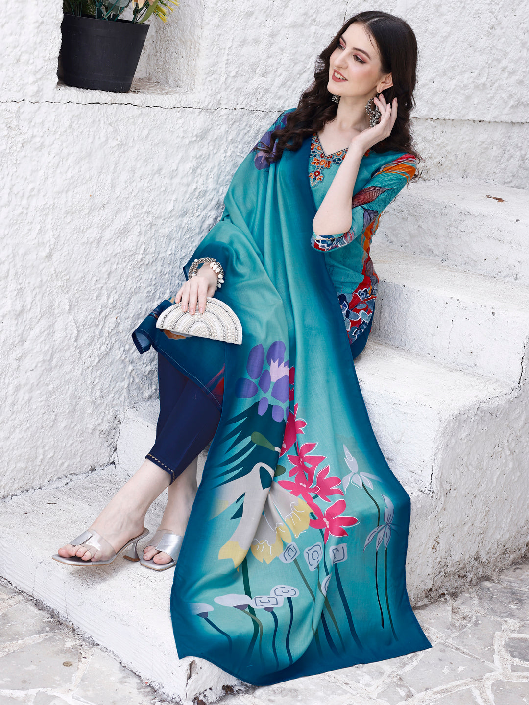 Embroidered & Floral Printed Kurta With Pant & Printed Dupatta Premium Luxury, Multicolor - Hiral Fashion - Distacart