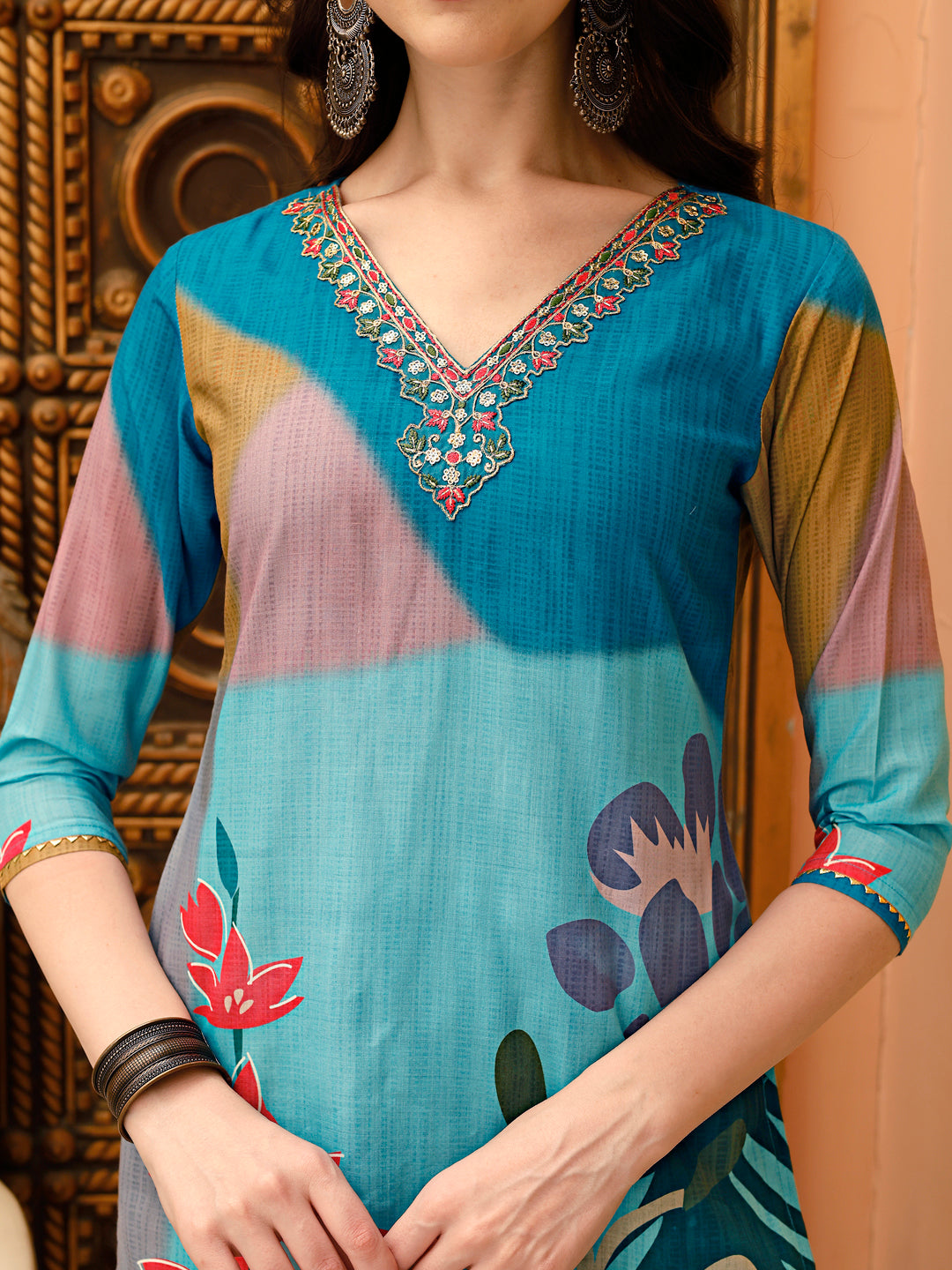 Embroidered & Floral Printed Kurta With Pant & Printed Dupatta, Multicolor - Hiral Fashion - Distacart
