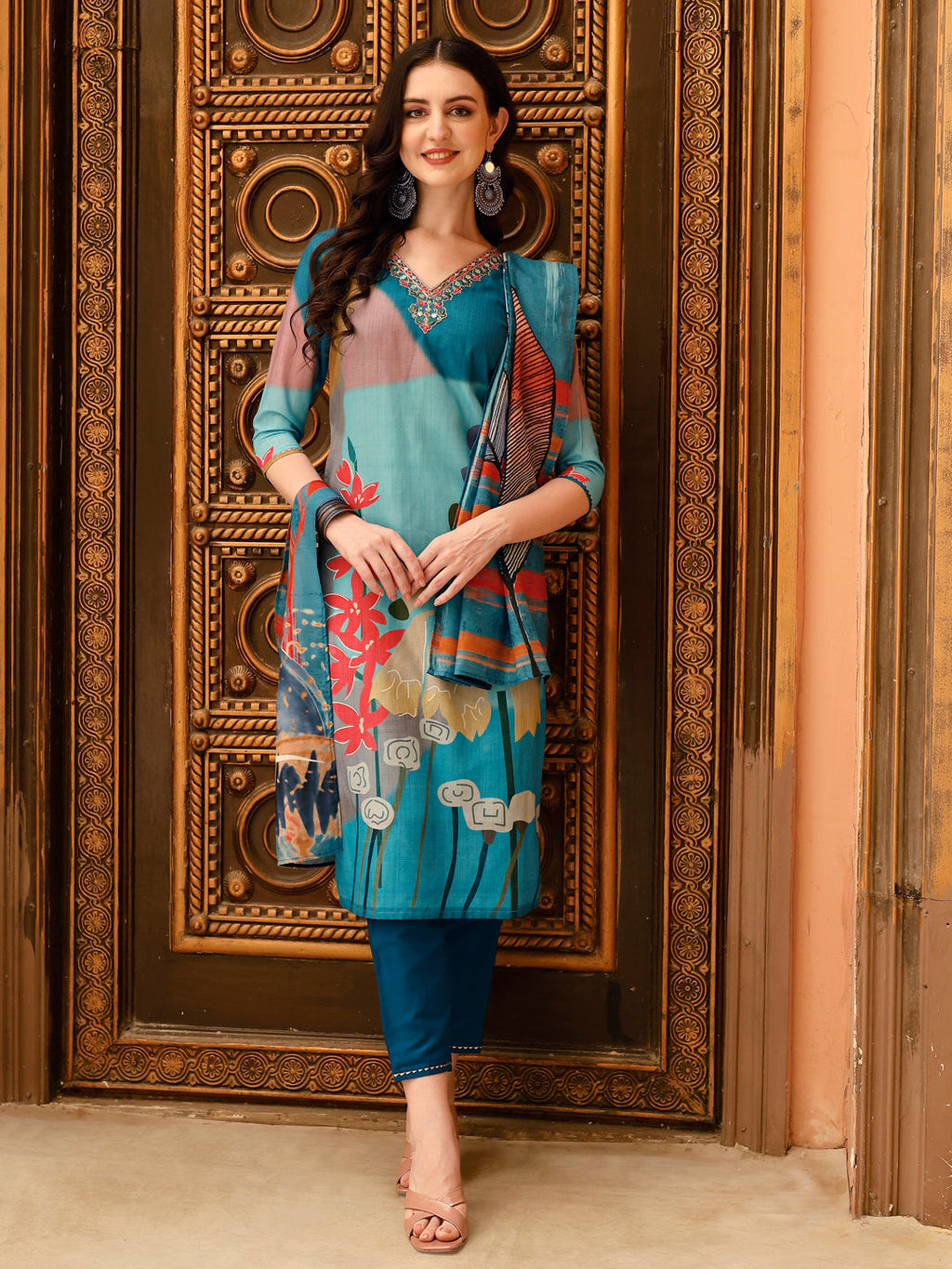 Embroidered & Floral Printed Kurta With Pant & Printed Dupatta, Multicolor - Hiral Fashion - Distacart
