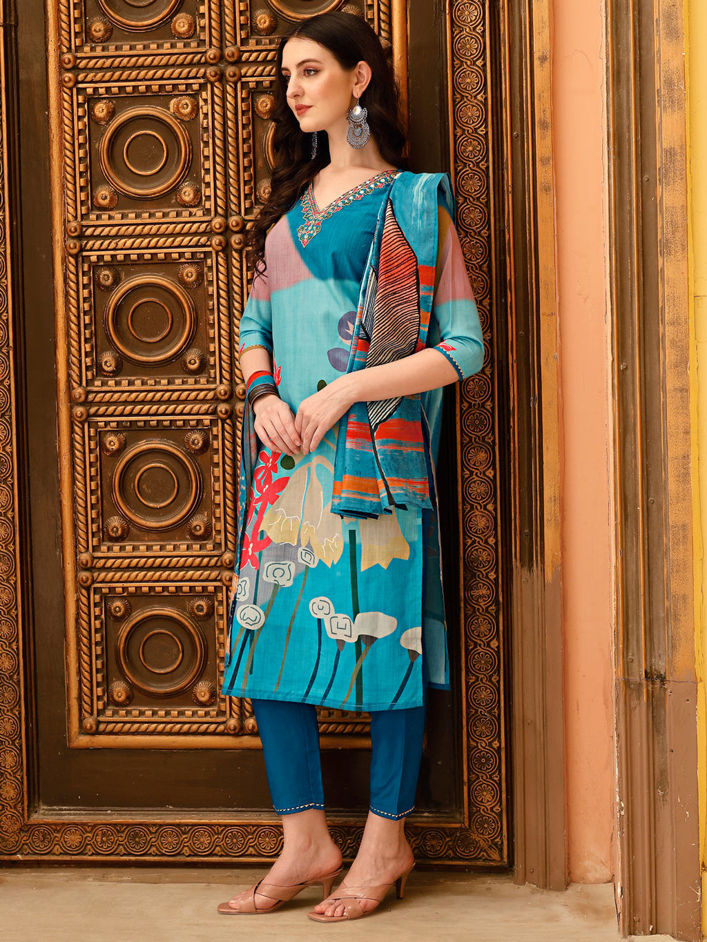 Embroidered & Floral Printed Kurta With Pant & Printed Dupatta, Multicolor - Hiral Fashion - Distacart