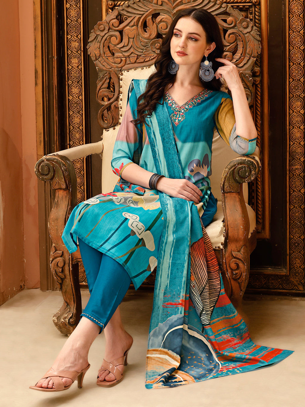 Embroidered & Floral Printed Kurta With Pant & Printed Dupatta, Multicolor - Hiral Fashion - Distacart
