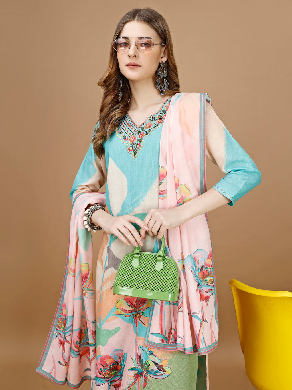 Embroidered & Floral Printed Kurta With Pant & Printed Dupatta Premium, Multicolor - Hiral Fashion - Distacart
