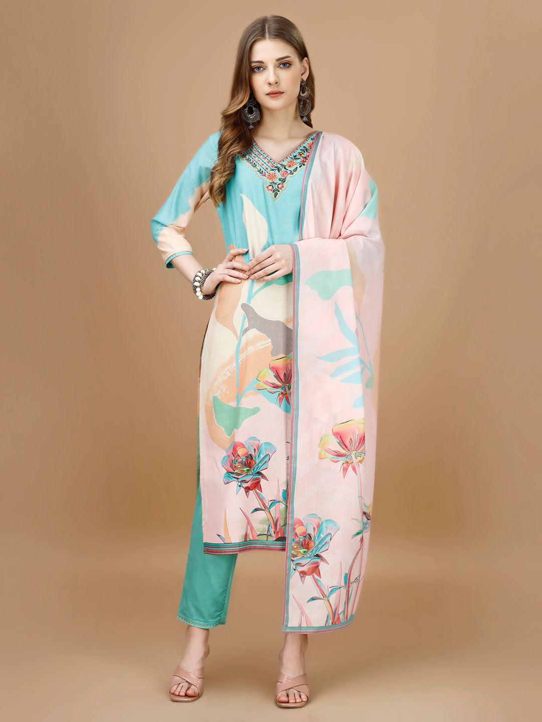 Embroidered & Floral Printed Kurta With Pant & Printed Dupatta Premium, Multicolor - Hiral Fashion - Distacart
