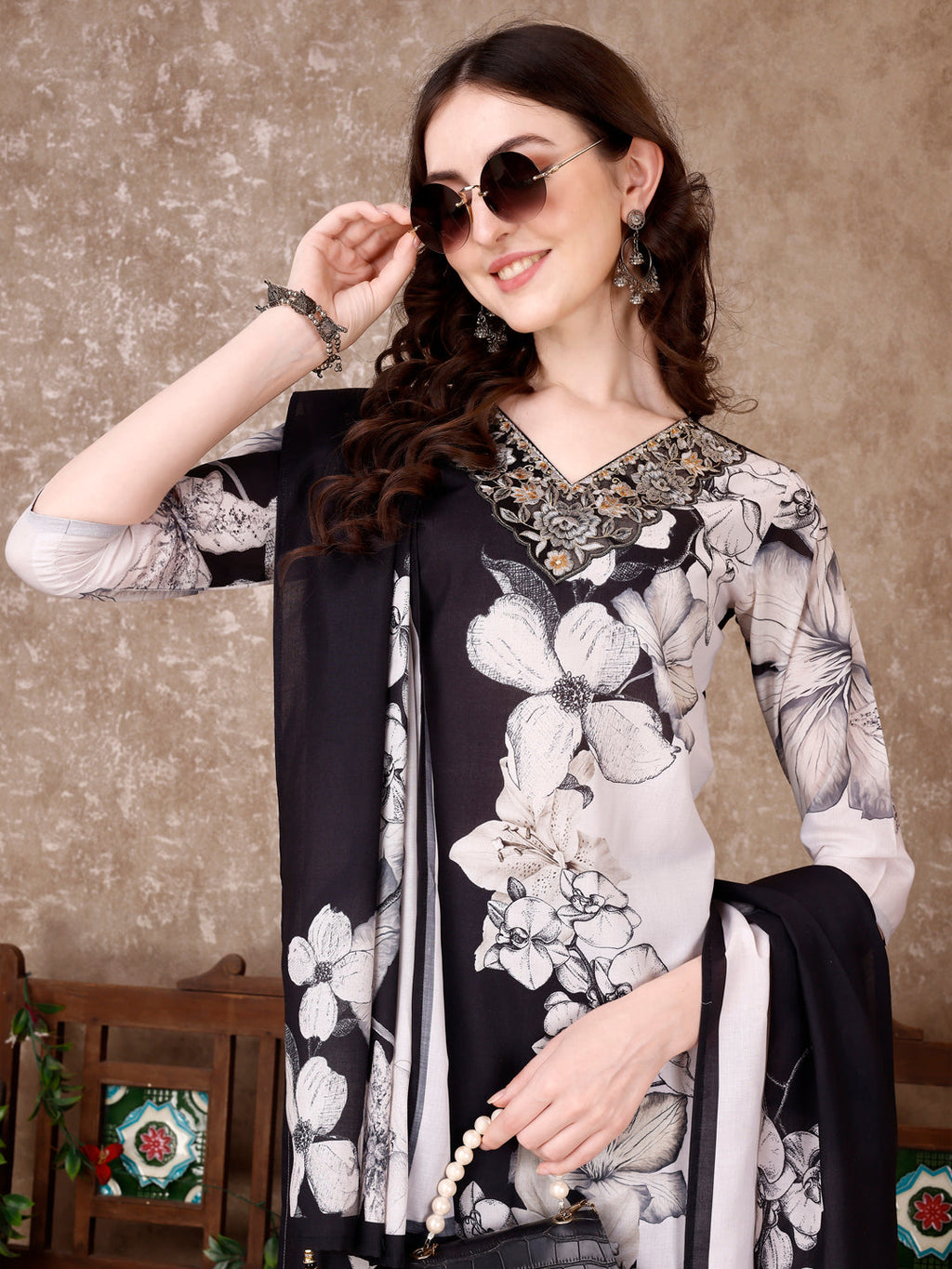 Embroidered & Floral Printed Kurta With Pant & Printed Dupatta Premium, Black - Hiral Fashion - Distacart