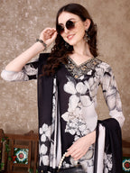Embroidered & Floral Printed Kurta With Pant & Printed Dupatta Premium, Black - Hiral Fashion - Distacart