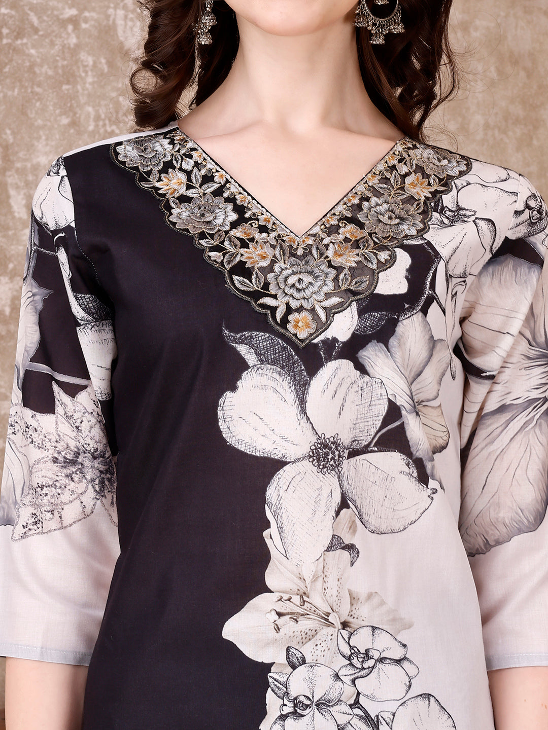 Embroidered & Floral Printed Kurta With Pant & Printed Dupatta Premium, Black - Hiral Fashion - Distacart