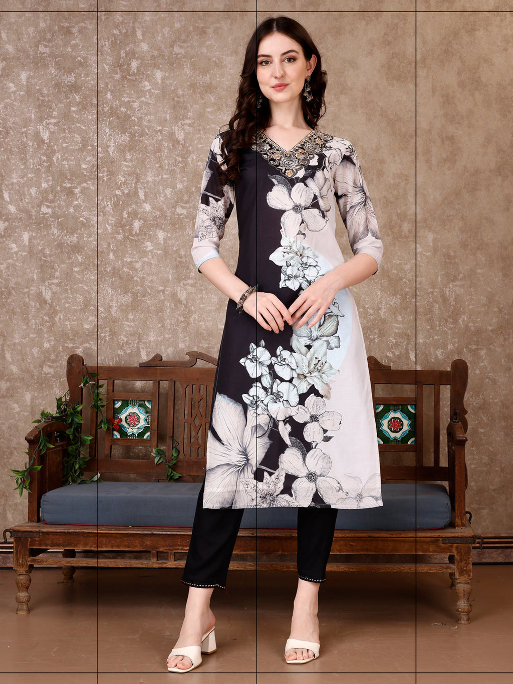 Embroidered & Floral Printed Kurta With Pant & Printed Dupatta Premium, Black - Hiral Fashion - Distacart
