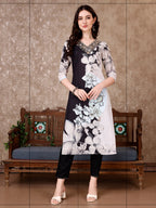 Embroidered & Floral Printed Kurta With Pant & Printed Dupatta Premium, Black - Hiral Fashion - Distacart