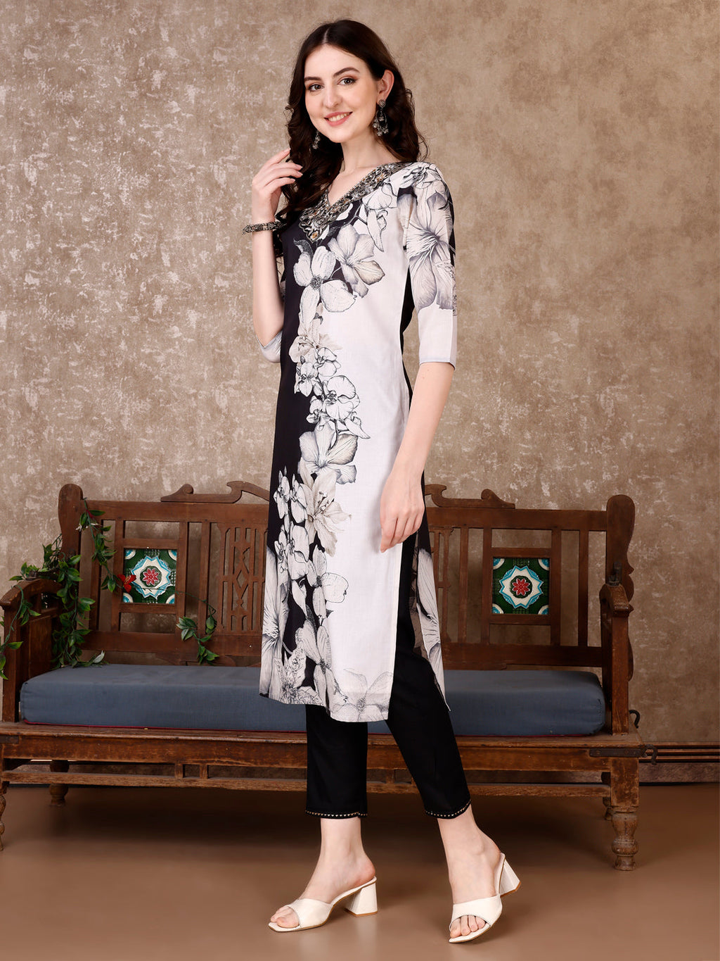 Embroidered & Floral Printed Kurta With Pant & Printed Dupatta Premium, Black - Hiral Fashion - Distacart