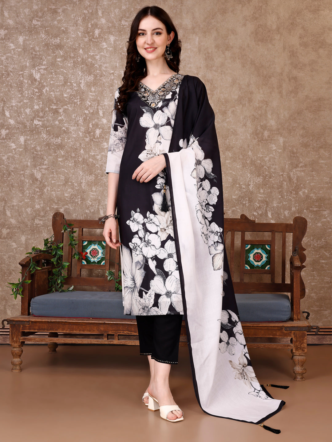 Embroidered & Floral Printed Kurta With Pant & Printed Dupatta Premium, Black - Hiral Fashion - Distacart