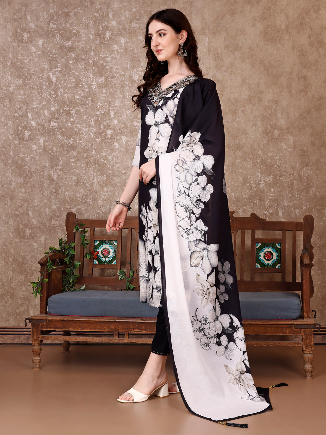 Embroidered & Floral Printed Kurta With Pant & Printed Dupatta Premium, Black - Hiral Fashion - Distacart